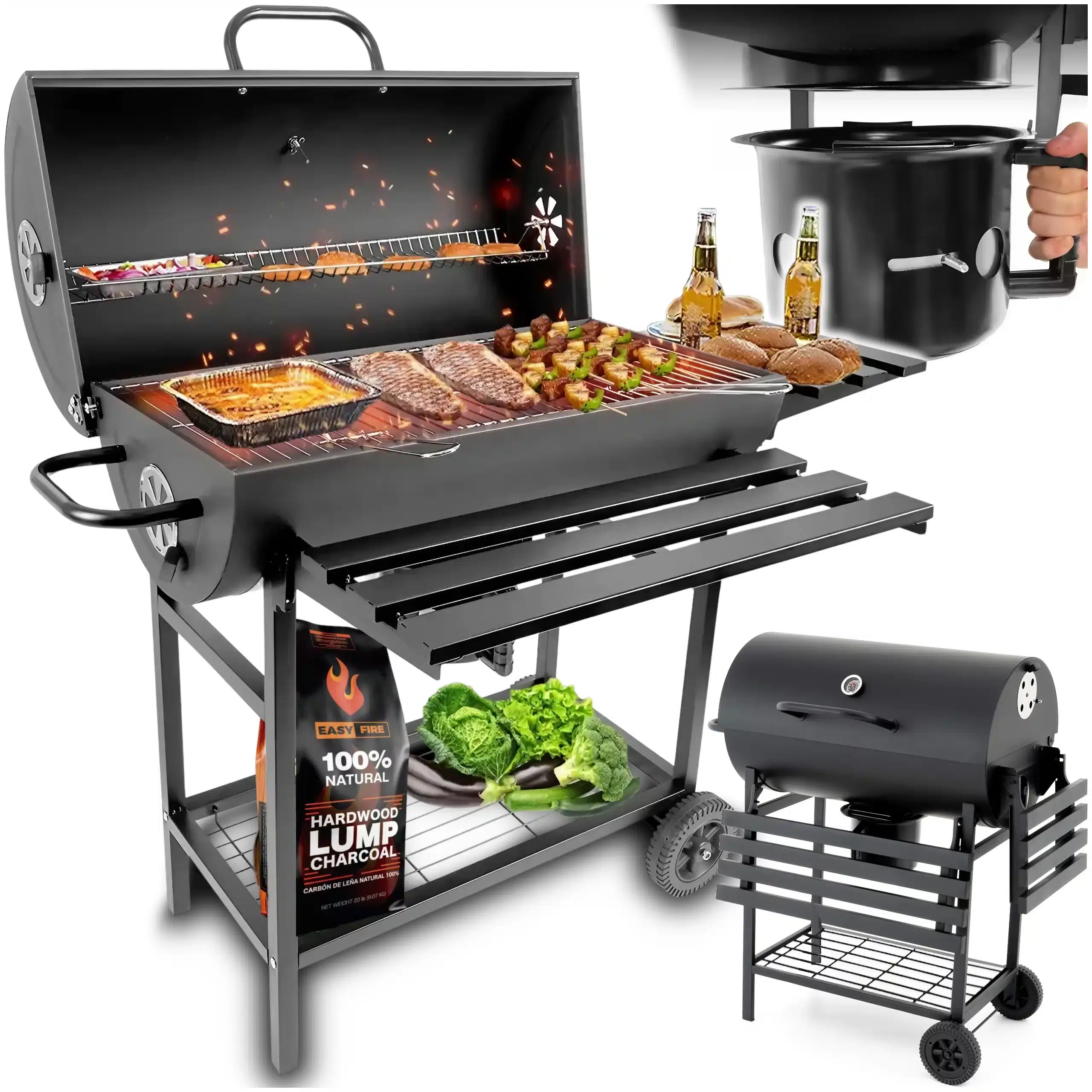 profesjonalny grill dwustrefowy stek, grillowanie mięsa równomierne, technologia grzewcza Dual Mesh porównanie - Grill Węglowy Beczka 2 Ruszty Chromowane 2 Półki Popielnik ...