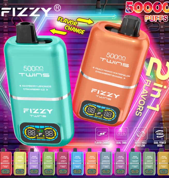 Fizzy Twins 50000 Puffs, Hifancy Space 50000 Puffs, Bang Blaze, duże jednorazowe e-papierosy, Giganty VapeGo - Fizzy Twins 50000 50k Puffs 2% 5% Nikotynowy podwójny smak ...