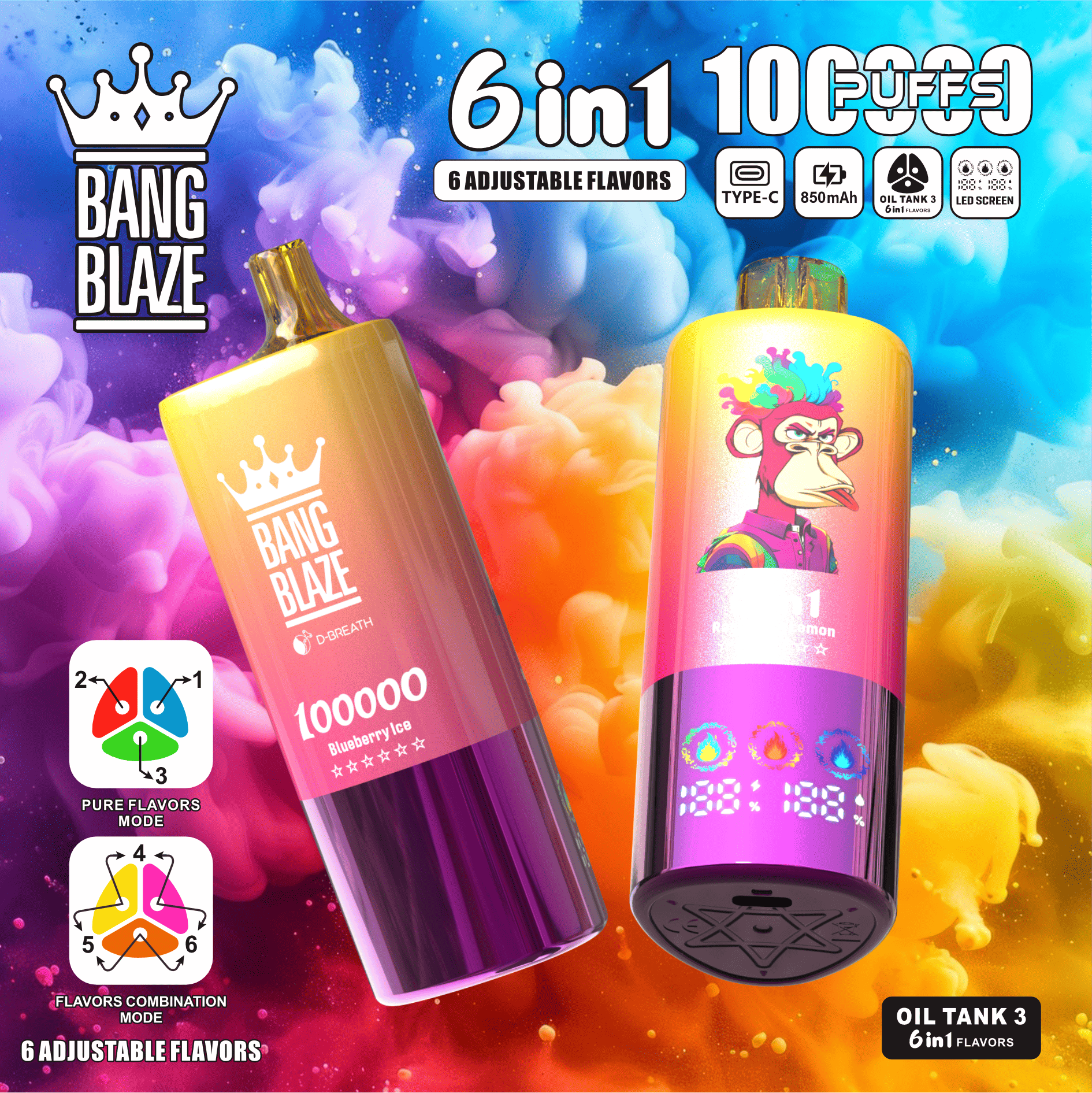 jagodowa wojna smaków vape, bitwa e-papierosów jagodowych, ranking smaków Bang Blaze, owoce walczące vape, pojedynek liquidów jagodowych - Bang Blaze 100000 Züge 6-in-1 | 3 Tanks | LED-Display