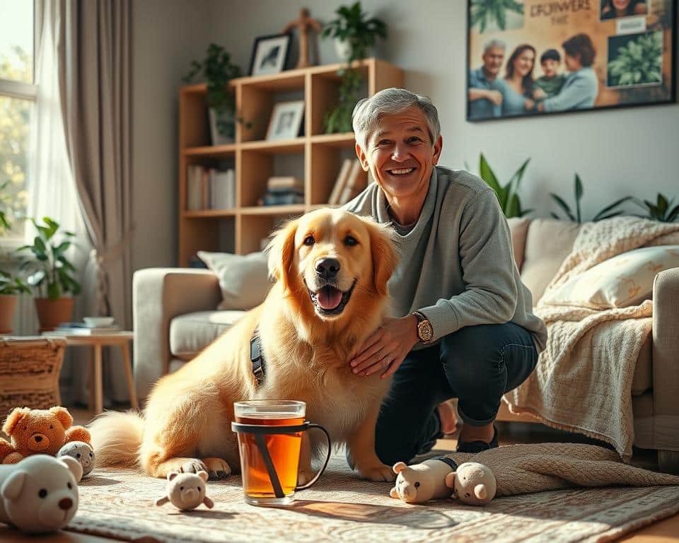 osoba wapująca w domu z psem, relaks z e-papierosem i pupilem, bezpieczne wapowanie domowe - Pies to nie tylko zwierzę domowe, ale towarzysz – pokaż mu, że ...