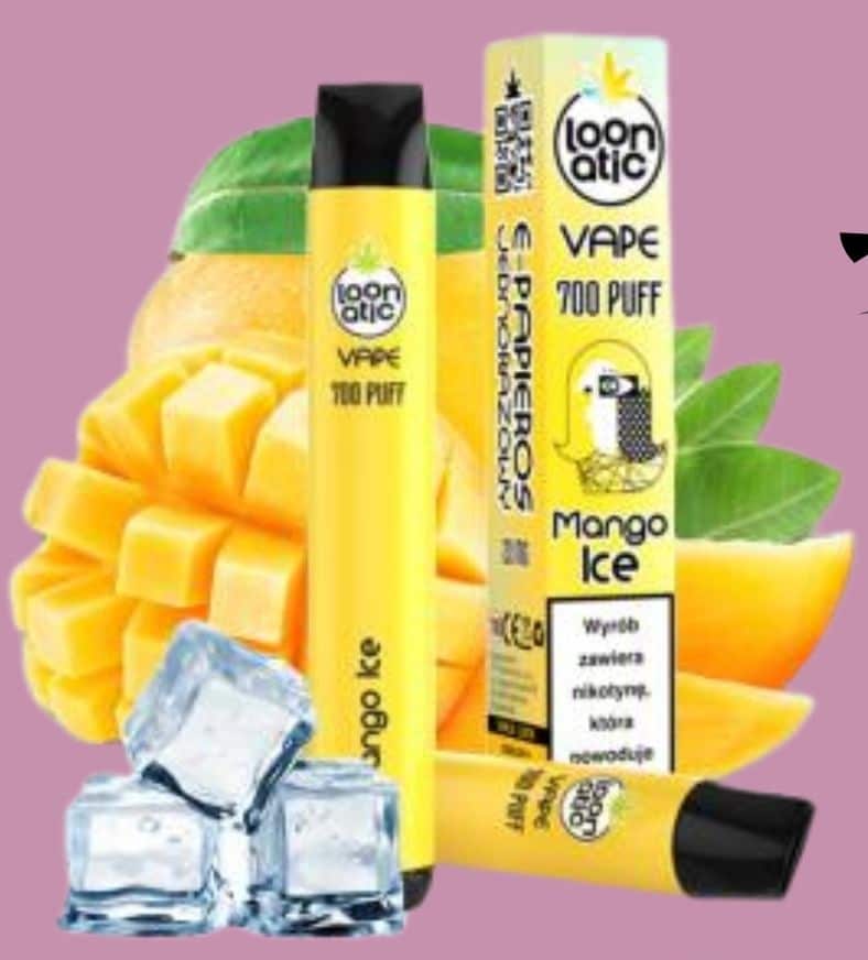 zaskoczony użytkownik vape mango ice, osoba wapująca zimne mango, nieoczekiwany lód w smaku vape - E-PAPIEROS LOONATIC VAPE 700PUFF - MANGO ICE - B.25 (10 szt.) -