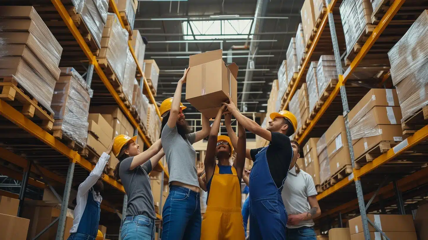 logistics team working hard, busy warehouse coffee break, e-commerce shipping center, pracownik pakujący paczki kawa - Warehouse, Teamwork, Workers | Download at StockCake