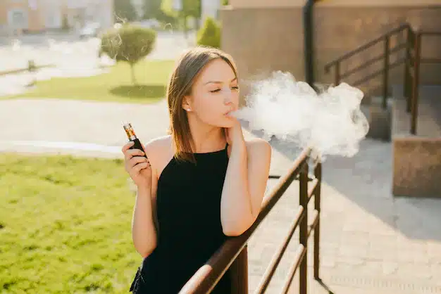 Profesjonalny wizerunek bez zapachu dymu, Kobieta managerka na spotkaniu używająca vape, Świeży zapach e-papierosa spotkanie biznesowe, Higiena i wizerunek z vape - Urocza modna dziewczyna pali e-papierosa vaping podczas spaceru po ...