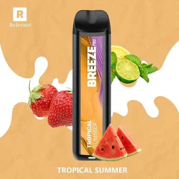 A sleek disposable vape device resting on a sun-drenched beach next to tropical fruits like oranges and limes, with a subtle fizzy effect.